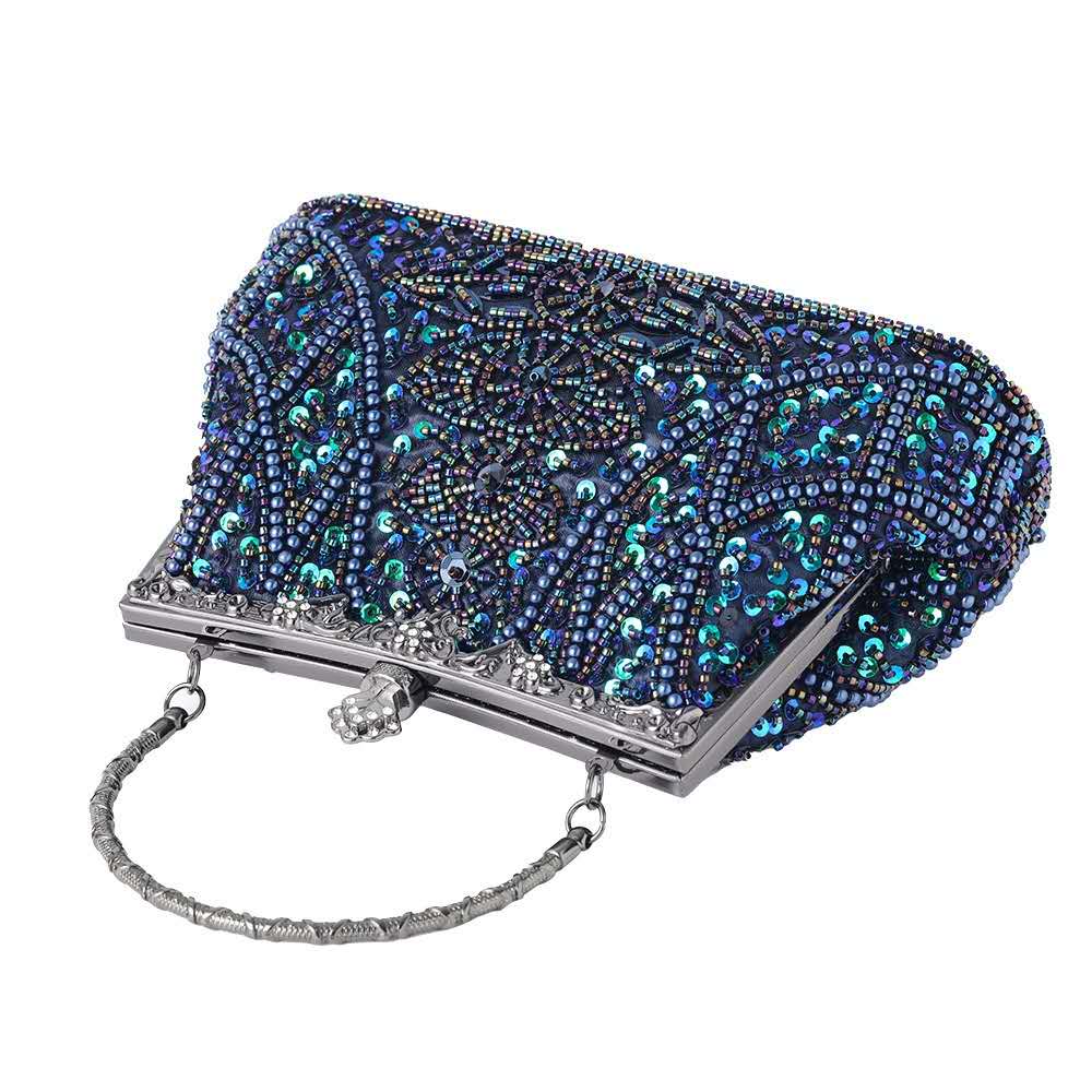 Iridescent Blue Hand Beaded Sequin Clutch, Vintage Evening Wedding Top Handle Crossbody Purse