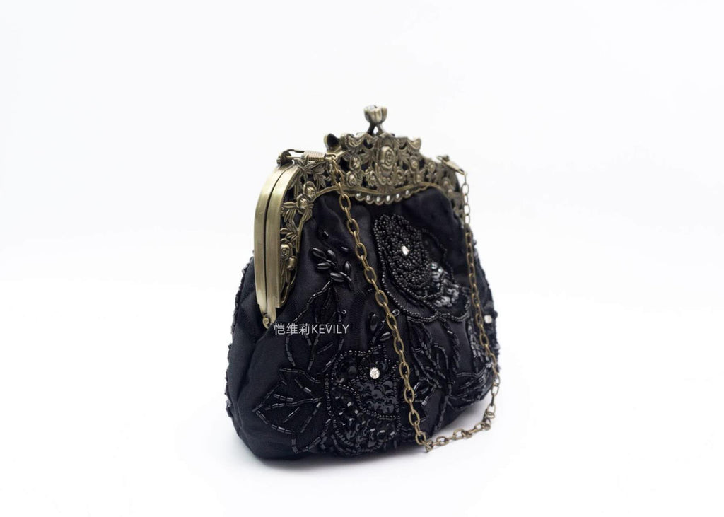 Vintage Hand Beaded Floral Kiss Lock Clutch, Black & Green Satin Evening Crossbody Purse for Qipao Dress