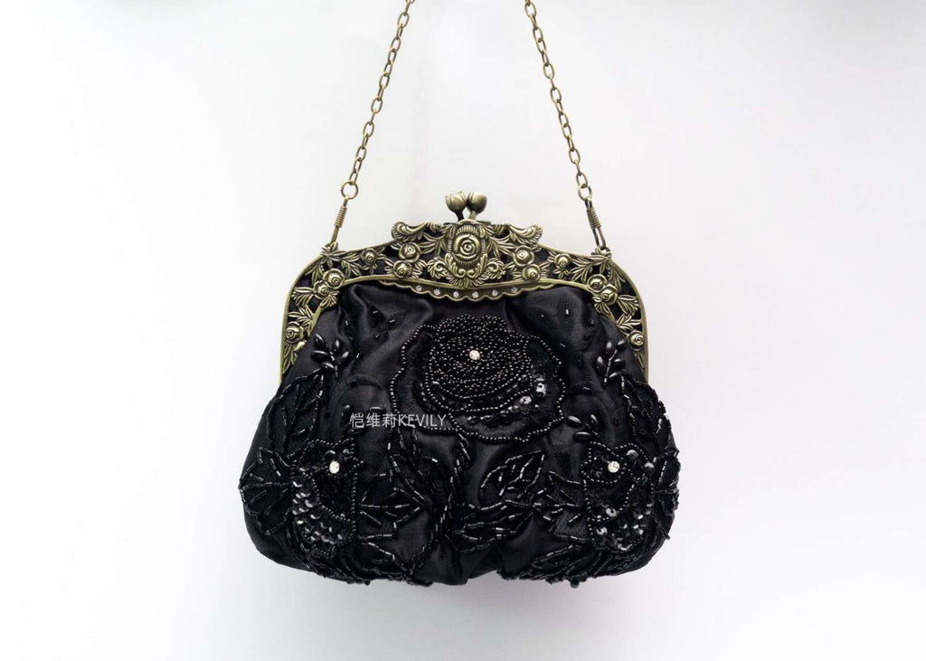 Vintage Hand Beaded Floral Kiss Lock Clutch, Black & Green Satin Evening Crossbody Purse for Qipao Dress