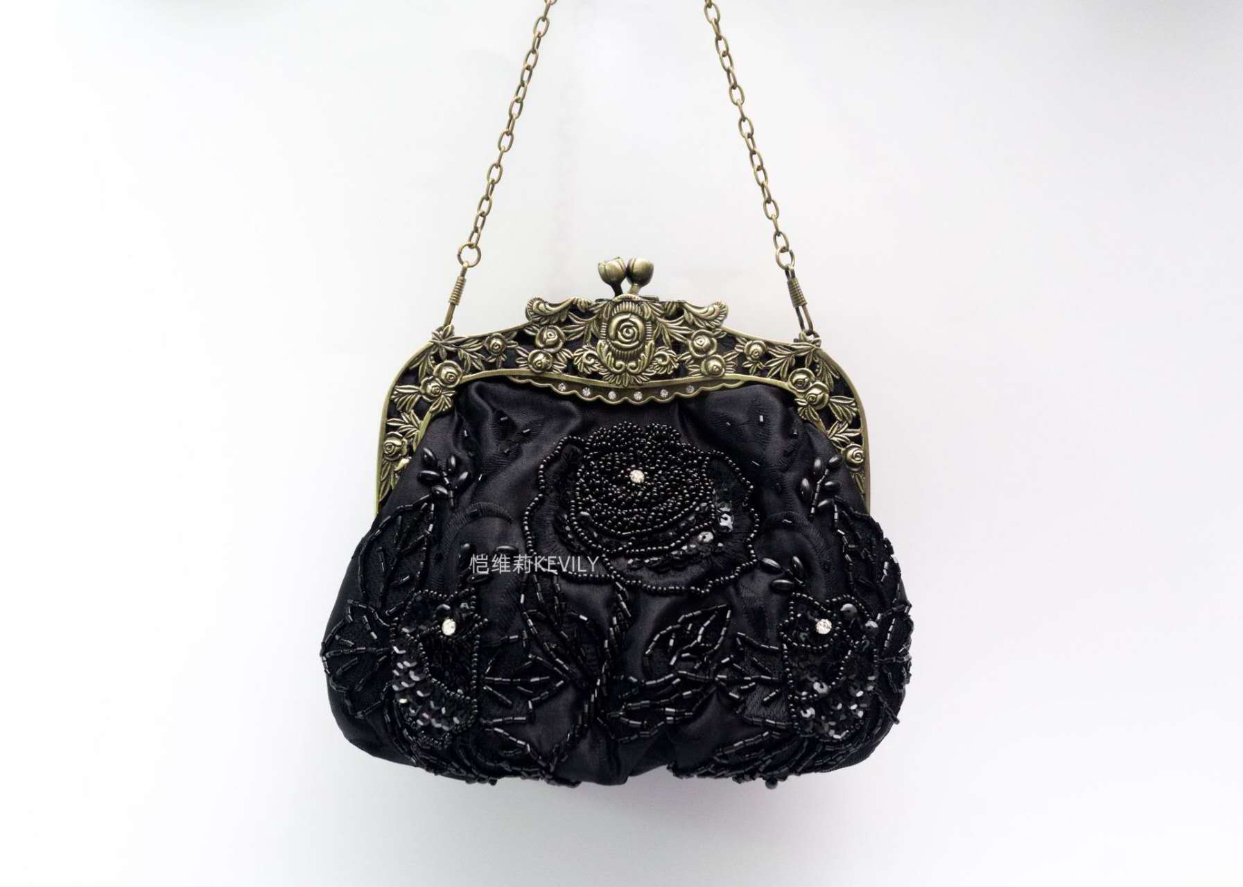 Vintage Hand Beaded Floral Kiss Lock Clutch, Black & Green Satin Evening Crossbody Purse for Qipao Dress