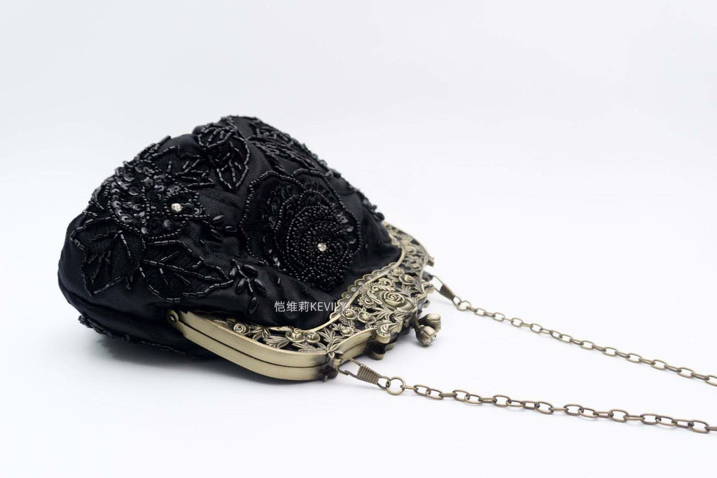 Vintage Hand Beaded Floral Kiss Lock Clutch, Black & Green Satin Evening Crossbody Purse for Qipao Dress