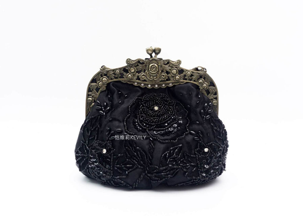 Vintage Hand Beaded Floral Kiss Lock Clutch, Black & Green Satin Evening Crossbody Purse for Qipao Dress