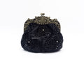 Vintage Hand Beaded Floral Kiss Lock Clutch, Black & Green Satin Evening Crossbody Purse for Qipao Dress