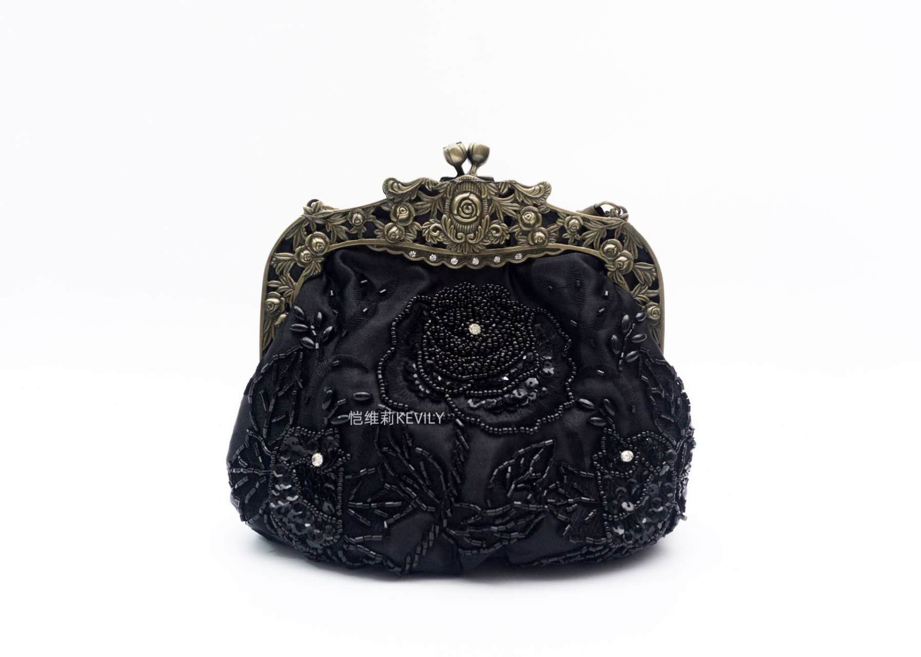 Vintage Hand Beaded Floral Kiss Lock Clutch, Black & Green Satin Evening Crossbody Purse for Qipao Dress