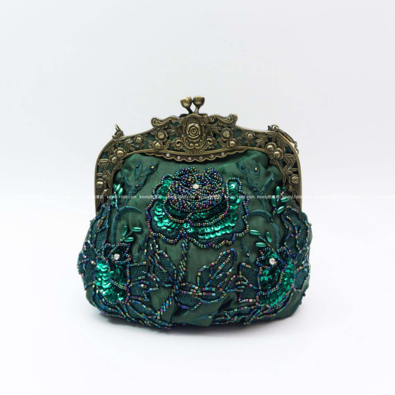 Vintage Hand Beaded Floral Kiss Lock Clutch, Black & Green Satin Evening Crossbody Purse for Qipao Dress
