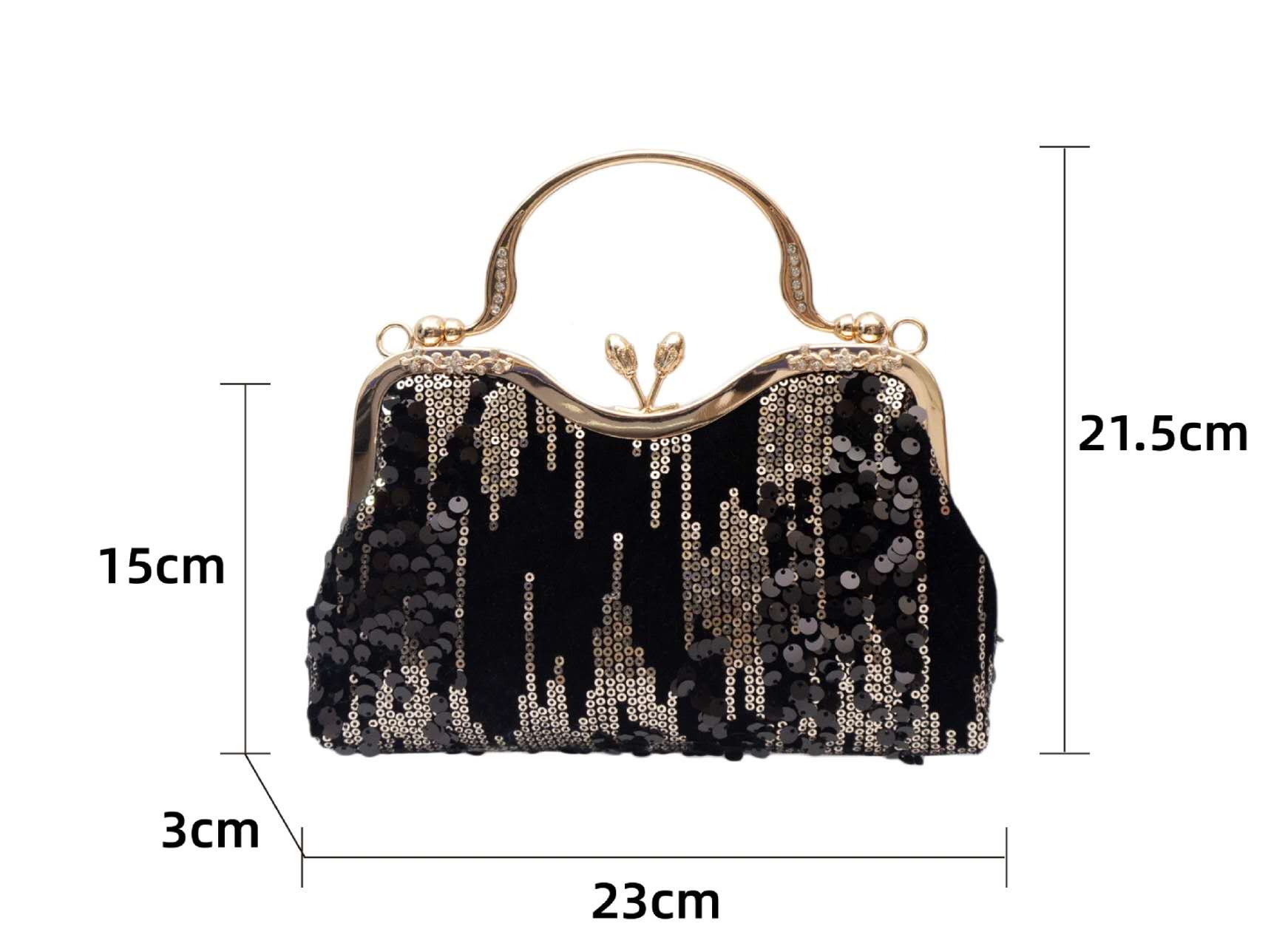 Black Gold Gradient Sequin Kiss Lock Clutch, Rhinestone Handle Evening Crossbody Wedding Purse