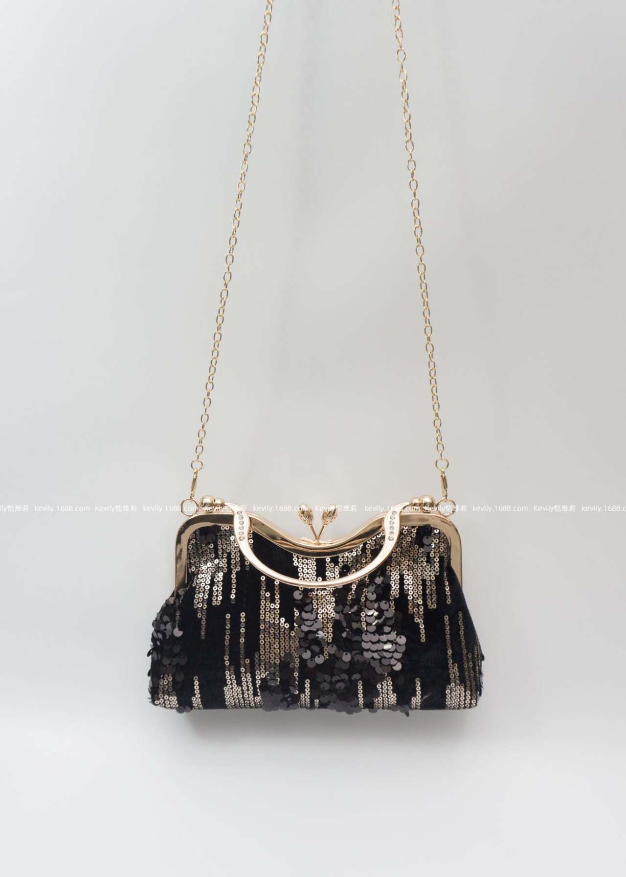 Black Gold Gradient Sequin Kiss Lock Clutch, Rhinestone Handle Evening Crossbody Wedding Purse