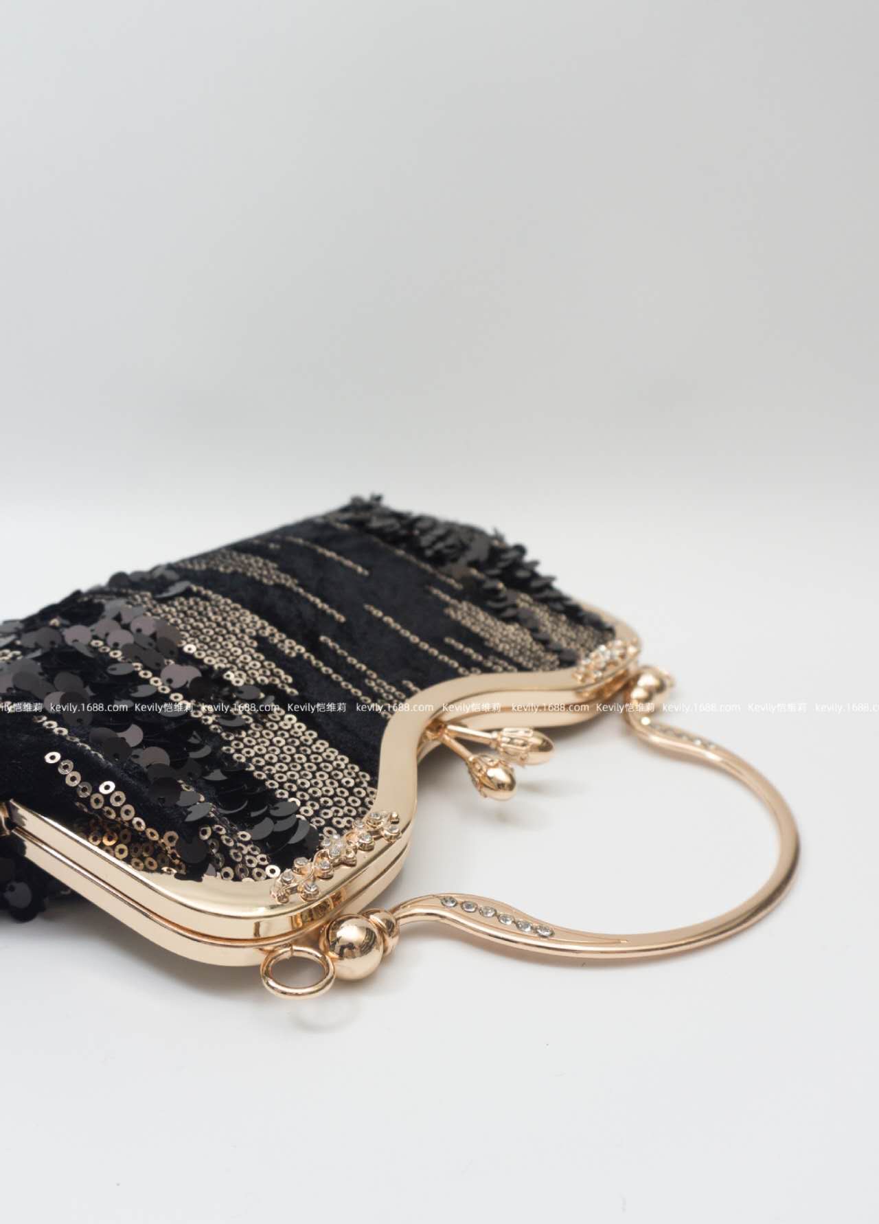Black Gold Gradient Sequin Kiss Lock Clutch, Rhinestone Handle Evening Crossbody Wedding Purse