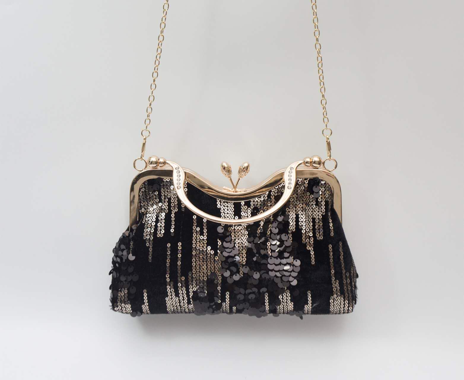 Black Gold Gradient Sequin Kiss Lock Clutch, Rhinestone Handle Evening Crossbody Wedding Purse