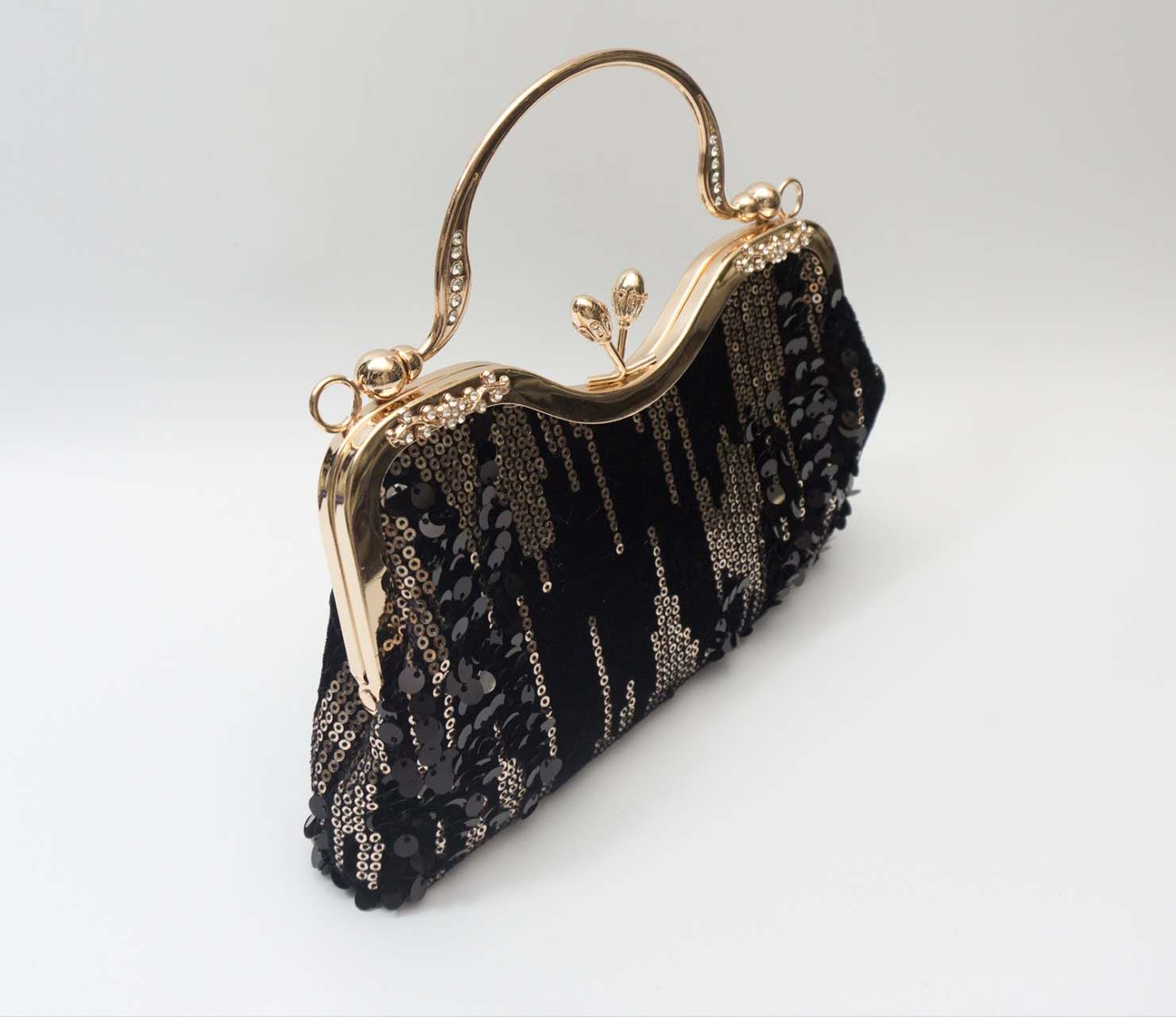 Black Gold Gradient Sequin Kiss Lock Clutch, Rhinestone Handle Evening Crossbody Wedding Purse