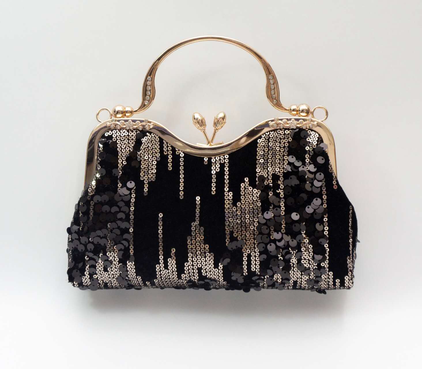 Black Gold Gradient Sequin Kiss Lock Clutch, Rhinestone Handle Evening Crossbody Wedding Purse