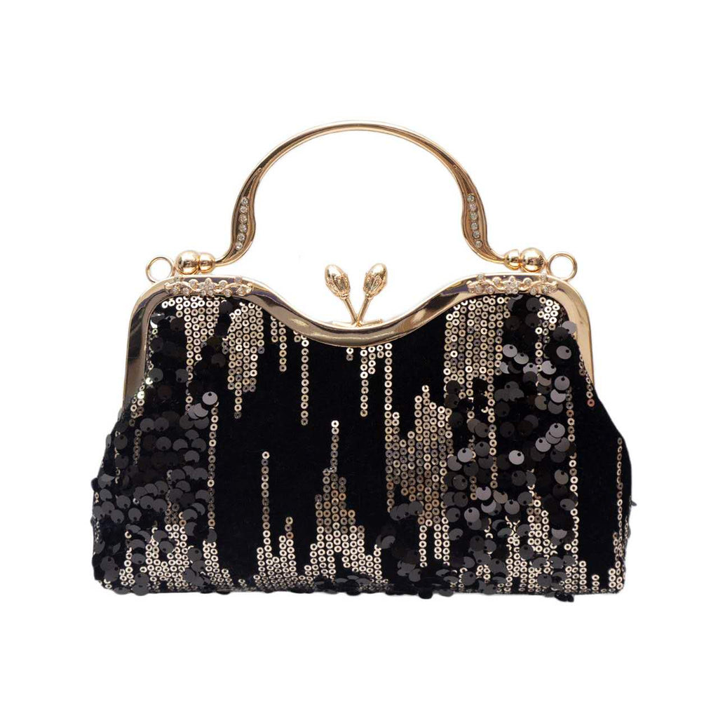 Black Gold Gradient Sequin Kiss Lock Clutch, Rhinestone Handle Evening Crossbody Wedding Purse