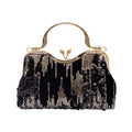 Black Gold Gradient Sequin Kiss Lock Clutch, Rhinestone Handle Evening Crossbody Wedding Purse