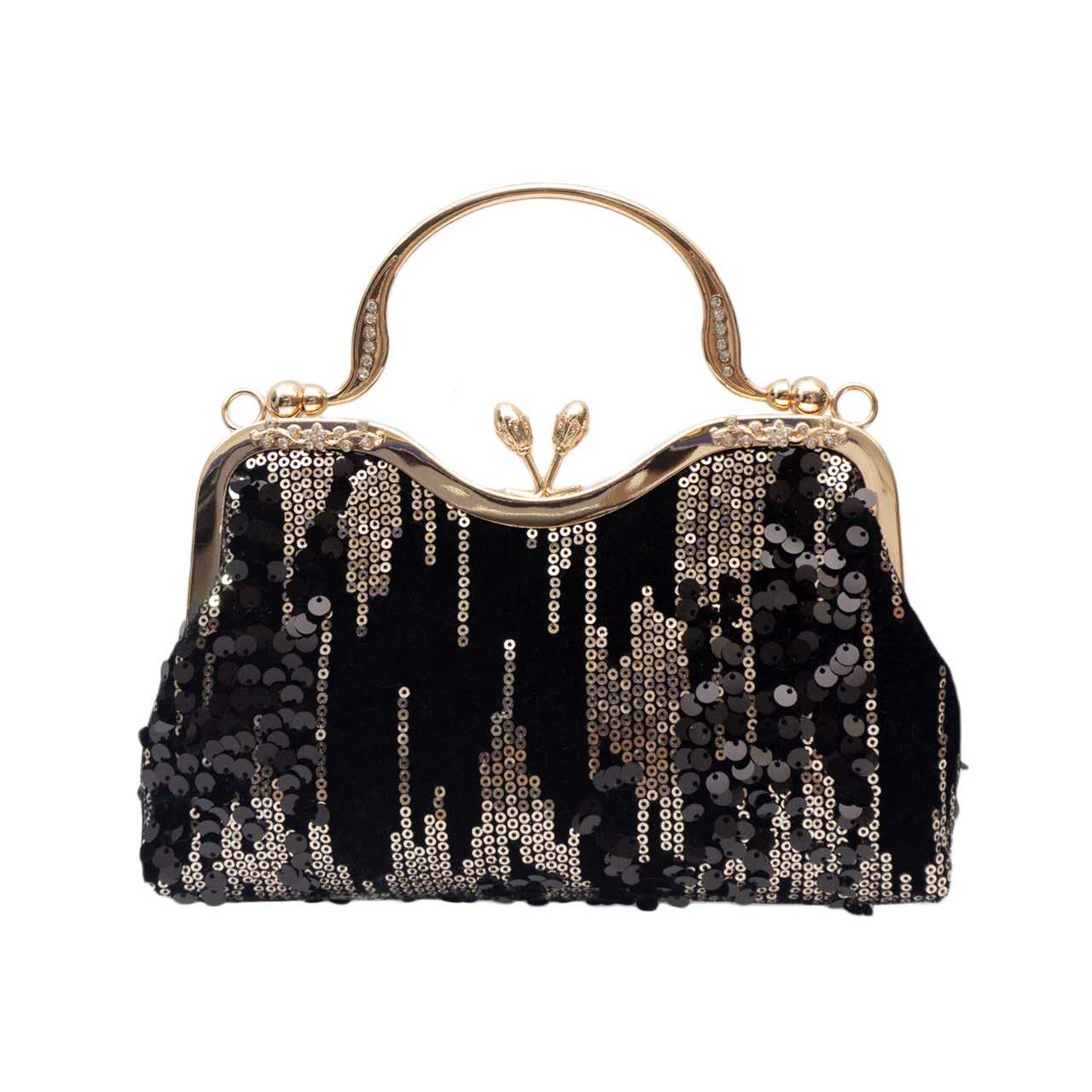 Black Gold Gradient Sequin Kiss Lock Clutch, Rhinestone Handle Evening Crossbody Wedding Purse