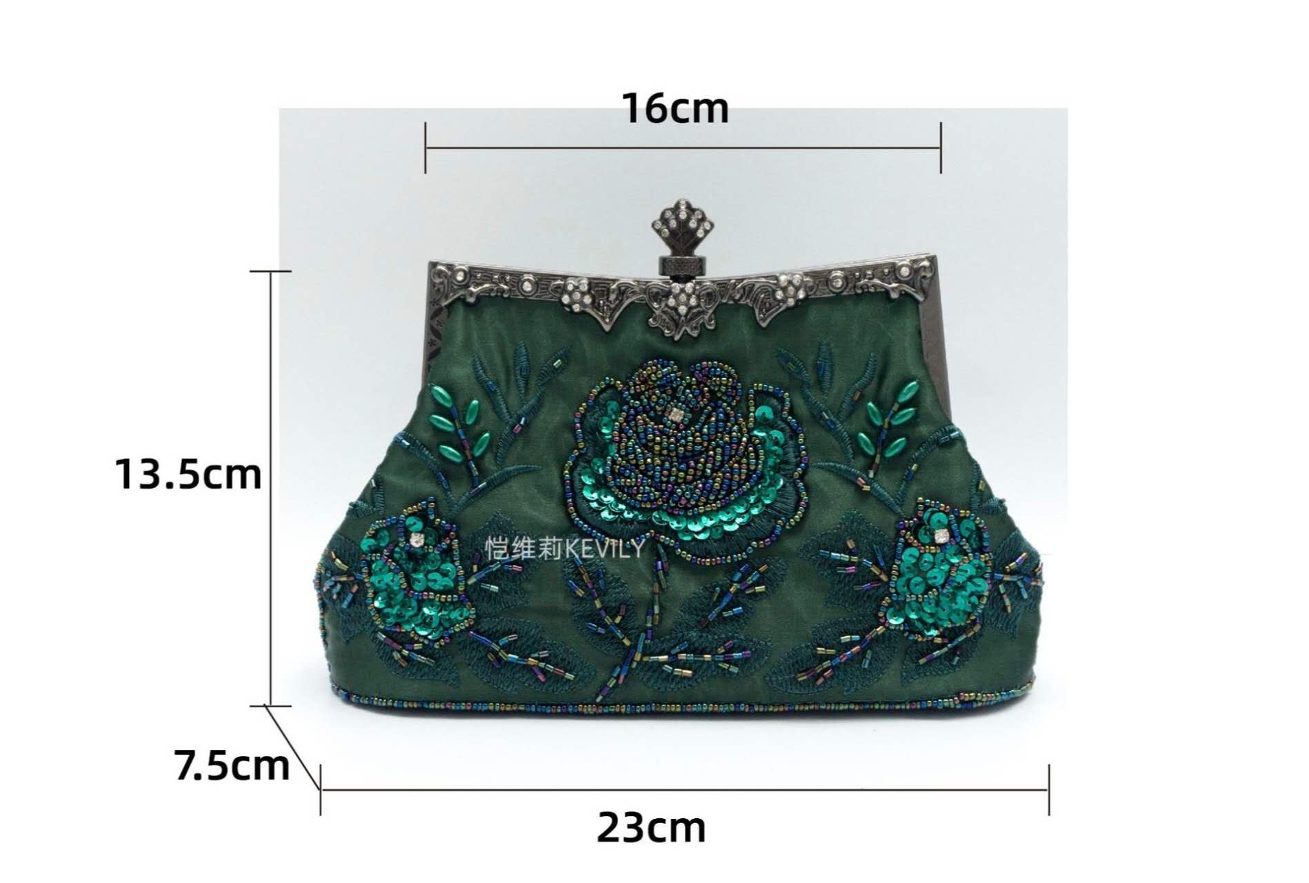 Dark Green Satin Hand Beaded Rose Clutch, Vintage Qipao Evening Crossbody Handbag
