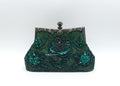Dark Green Satin Hand Beaded Rose Clutch, Vintage Qipao Evening Crossbody Handbag