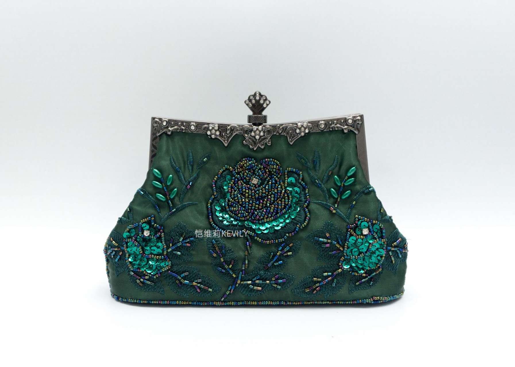 Dark Green Satin Hand Beaded Rose Clutch, Vintage Qipao Evening Crossbody Handbag