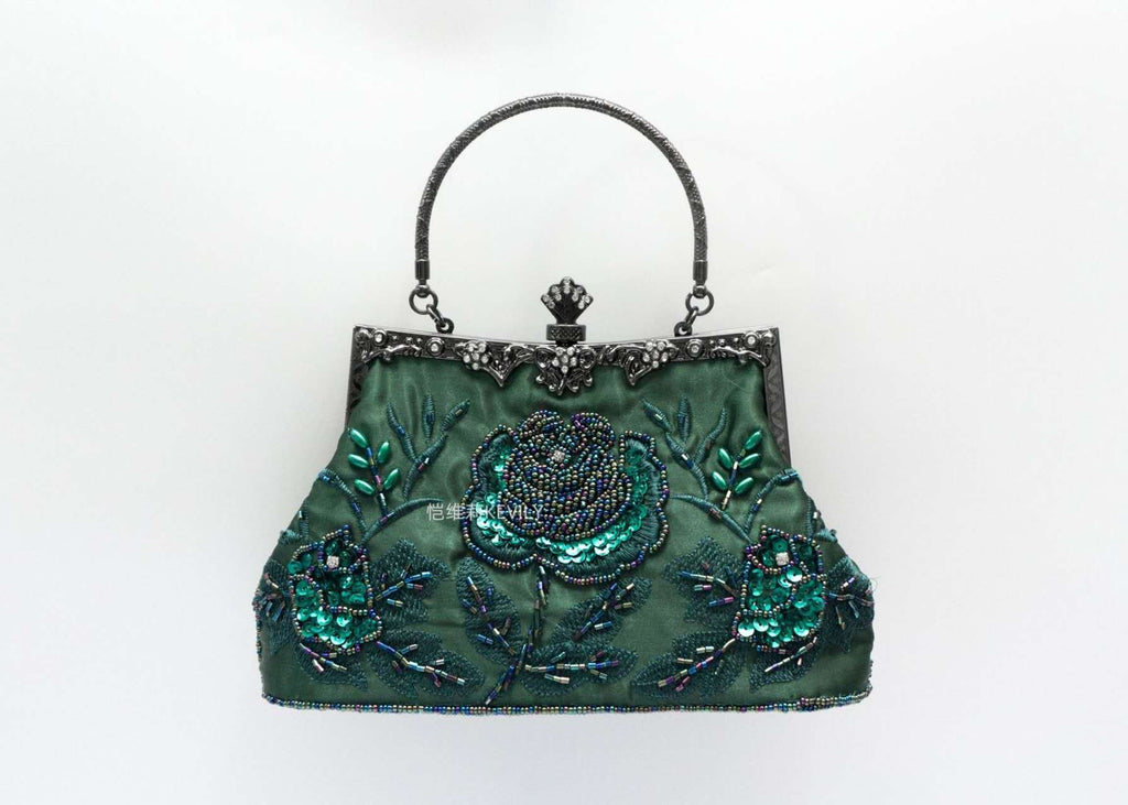 Dark Green Satin Hand Beaded Rose Clutch, Vintage Qipao Evening Crossbody Handbag