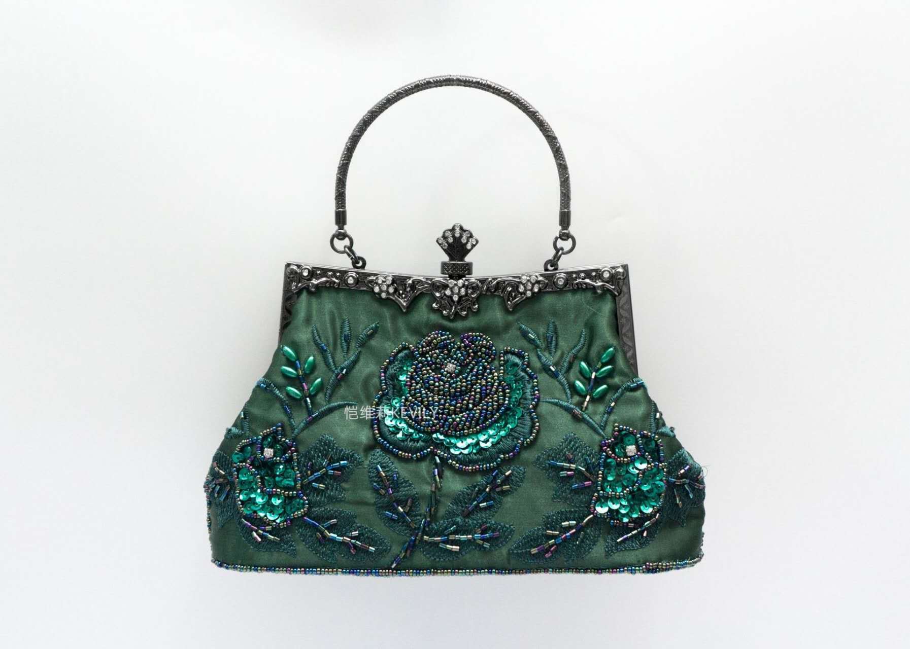 Dark Green Satin Hand Beaded Rose Clutch, Vintage Qipao Evening Crossbody Handbag