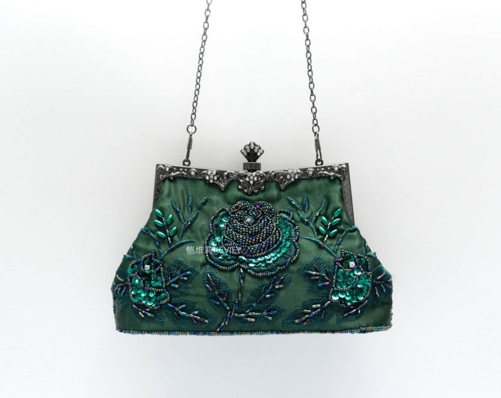 Dark Green Satin Hand Beaded Rose Clutch, Vintage Qipao Evening Crossbody Handbag