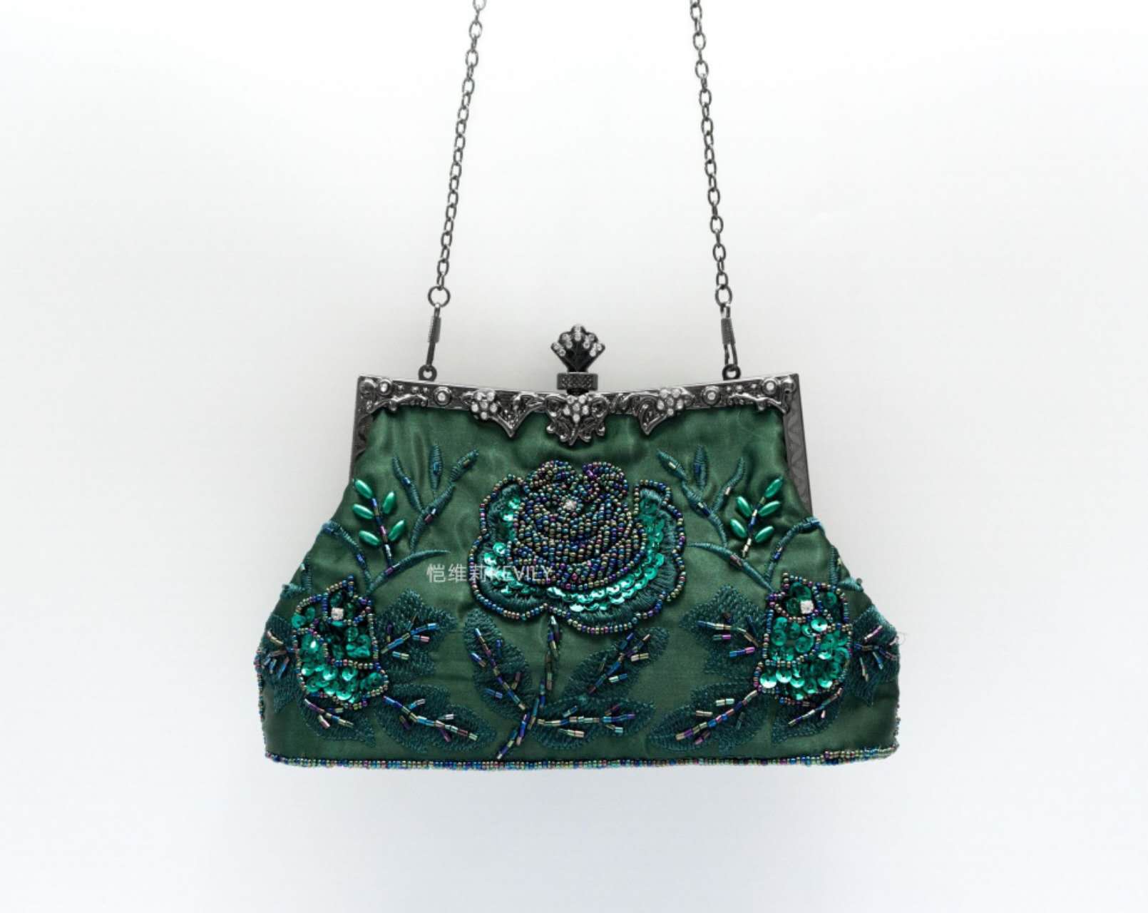 Dark Green Satin Hand Beaded Rose Clutch, Vintage Qipao Evening Crossbody Handbag