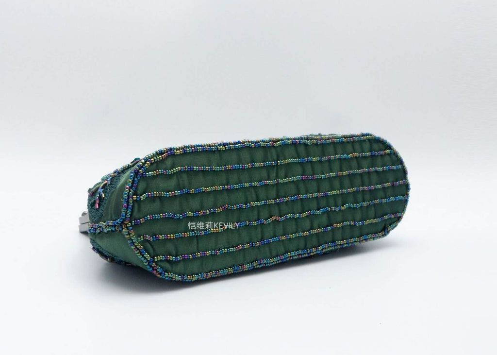Dark Green Satin Hand Beaded Rose Clutch, Vintage Qipao Evening Crossbody Handbag