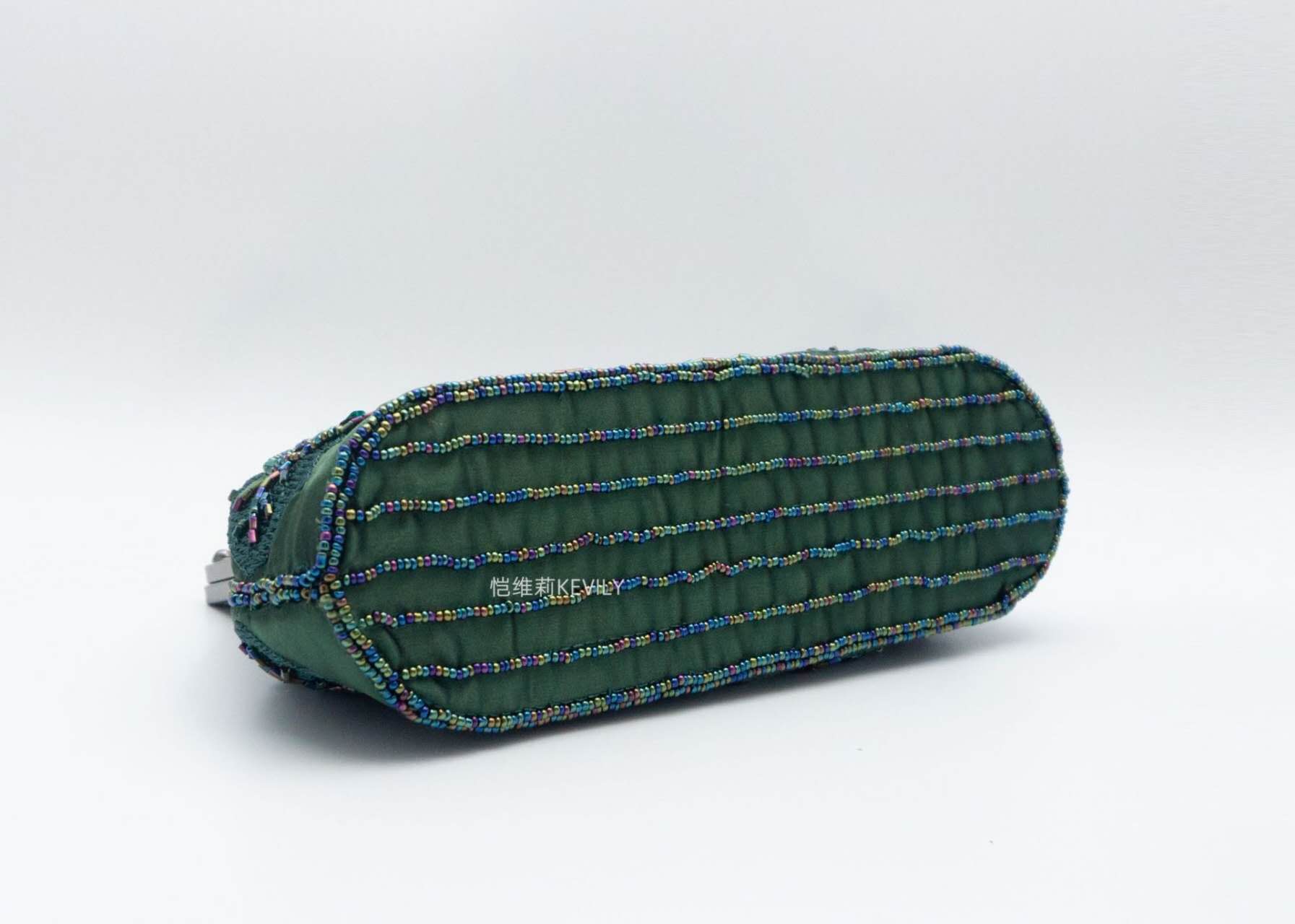 Dark Green Satin Hand Beaded Rose Clutch, Vintage Qipao Evening Crossbody Handbag