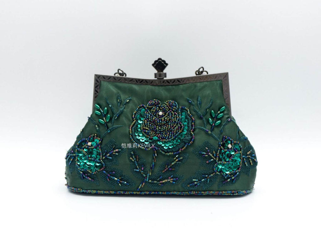 Dark Green Satin Hand Beaded Rose Clutch, Vintage Qipao Evening Crossbody Handbag