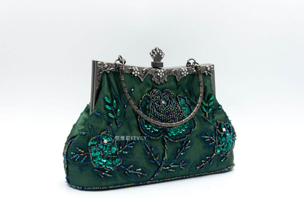 Dark Green Satin Hand Beaded Rose Clutch, Vintage Qipao Evening Crossbody Handbag