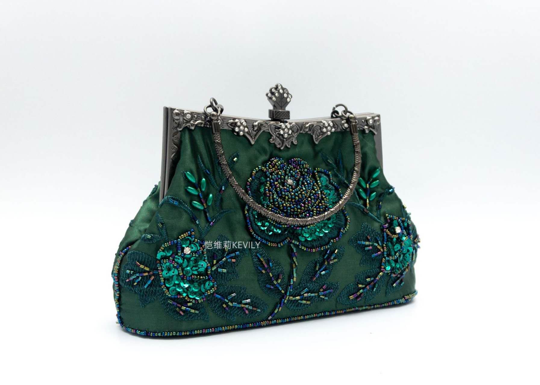 Dark Green Satin Hand Beaded Rose Clutch, Vintage Qipao Evening Crossbody Handbag