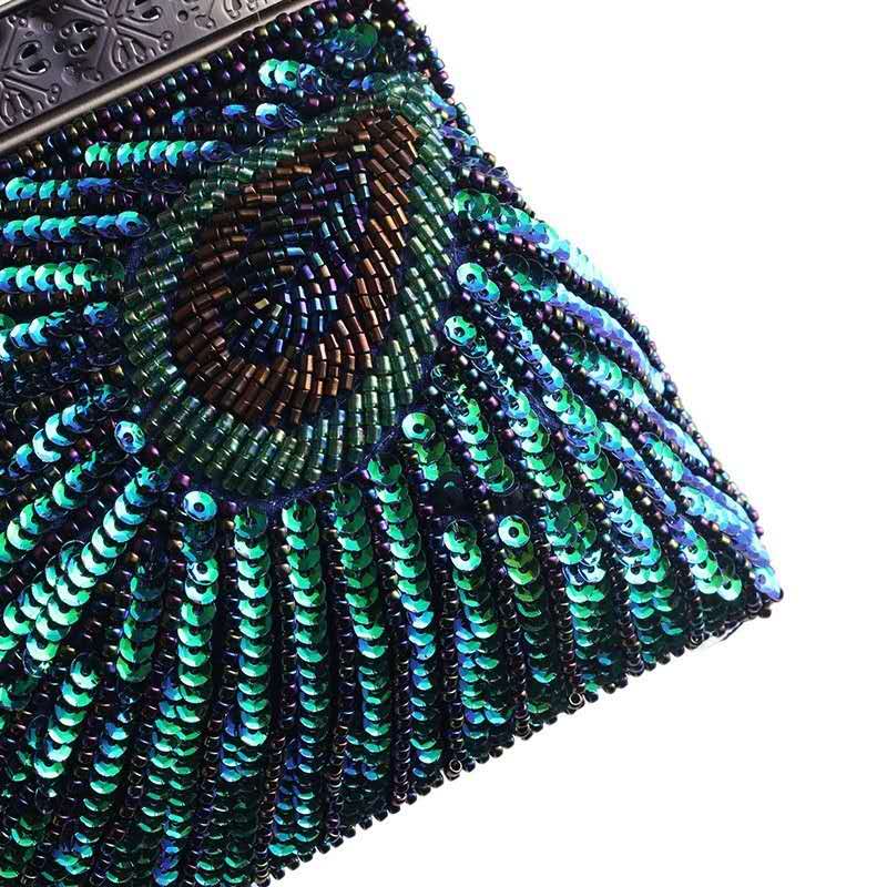 Peacock Feather Hand Beaded Sequin Clutch, Vintage Ethnic Qipao Evening Crossbody Purse