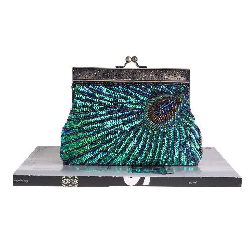 Peacock Feather Hand Beaded Sequin Clutch, Vintage Ethnic Qipao Evening Crossbody Purse