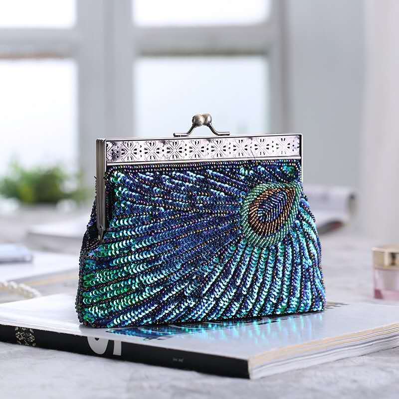 Peacock Feather Hand Beaded Sequin Clutch, Vintage Ethnic Qipao Evening Crossbody Purse