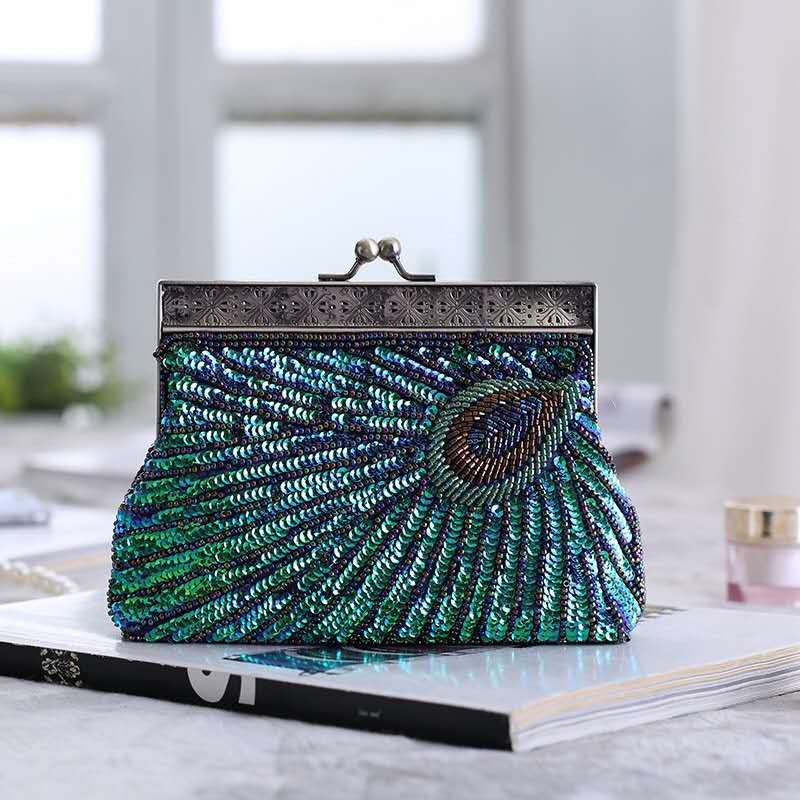 Peacock Feather Hand Beaded Sequin Clutch, Vintage Ethnic Qipao Evening Crossbody Purse