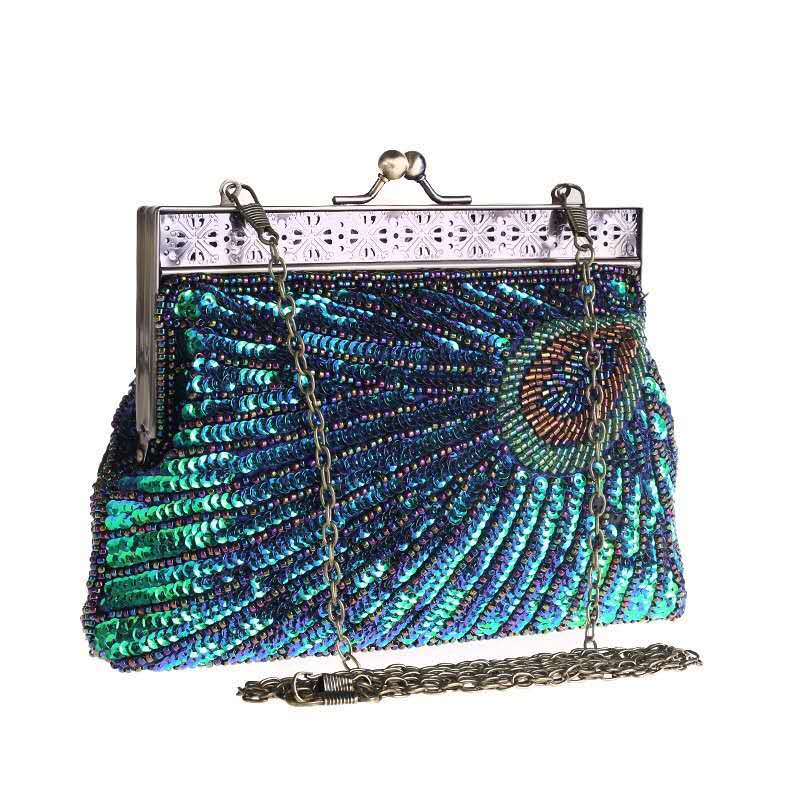 Peacock Feather Hand Beaded Sequin Clutch, Vintage Ethnic Qipao Evening Crossbody Purse