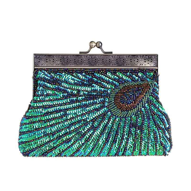 Peacock Feather Hand Beaded Sequin Clutch, Vintage Ethnic Qipao Evening Crossbody Purse
