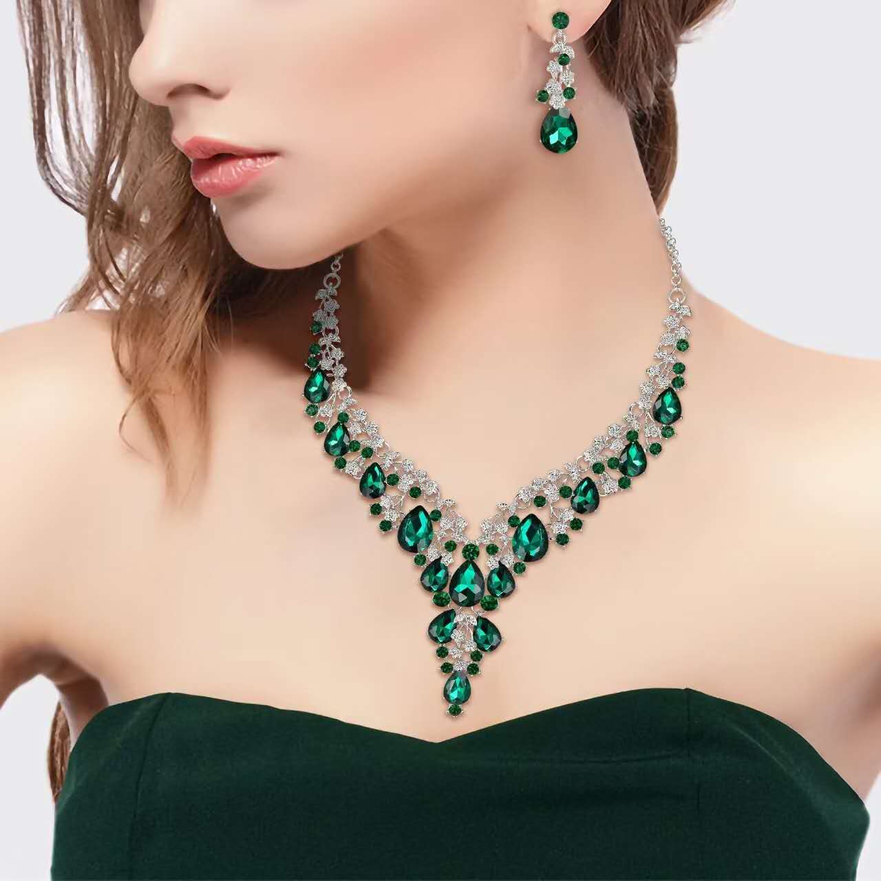 Teardrop Crystal Statement Necklace & Earrings Set, Adjustable Chain