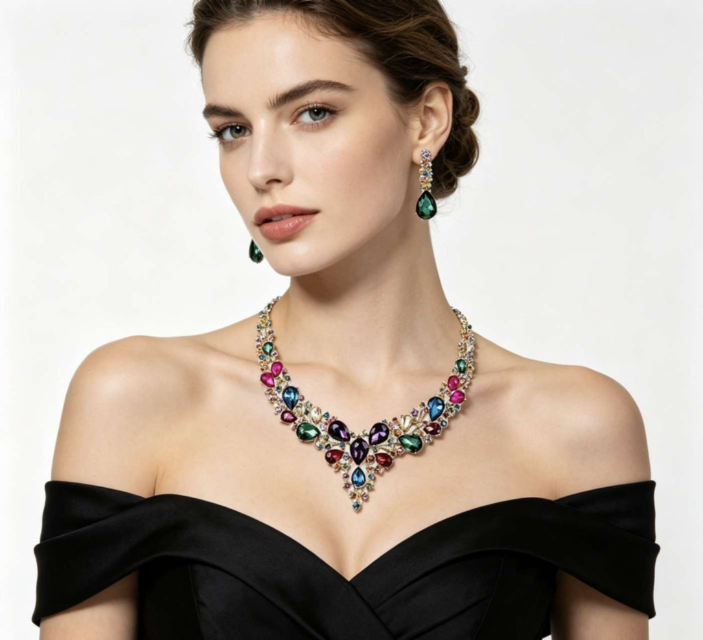 Parure Collier et Boucles d'Oreilles en Cristal, Chaîne Ajustable 50+5cm