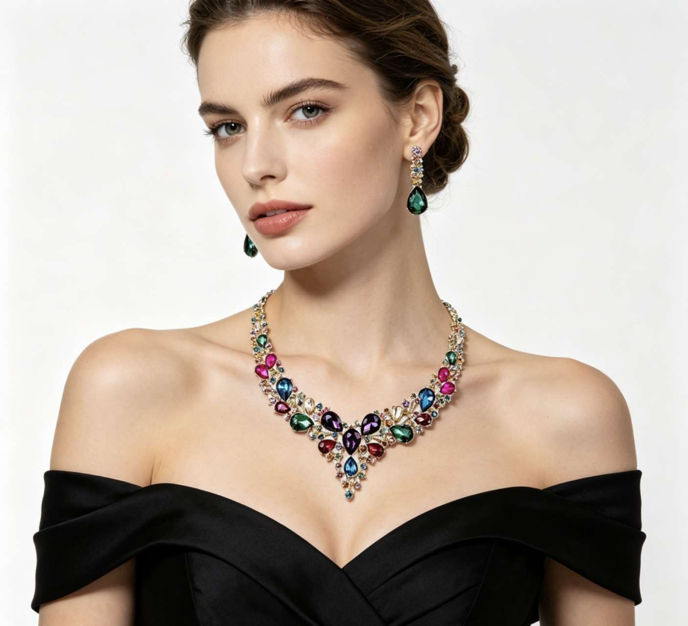 Crystal Statement Necklace & Earrings Set, 50+5cm Adjustable Chain