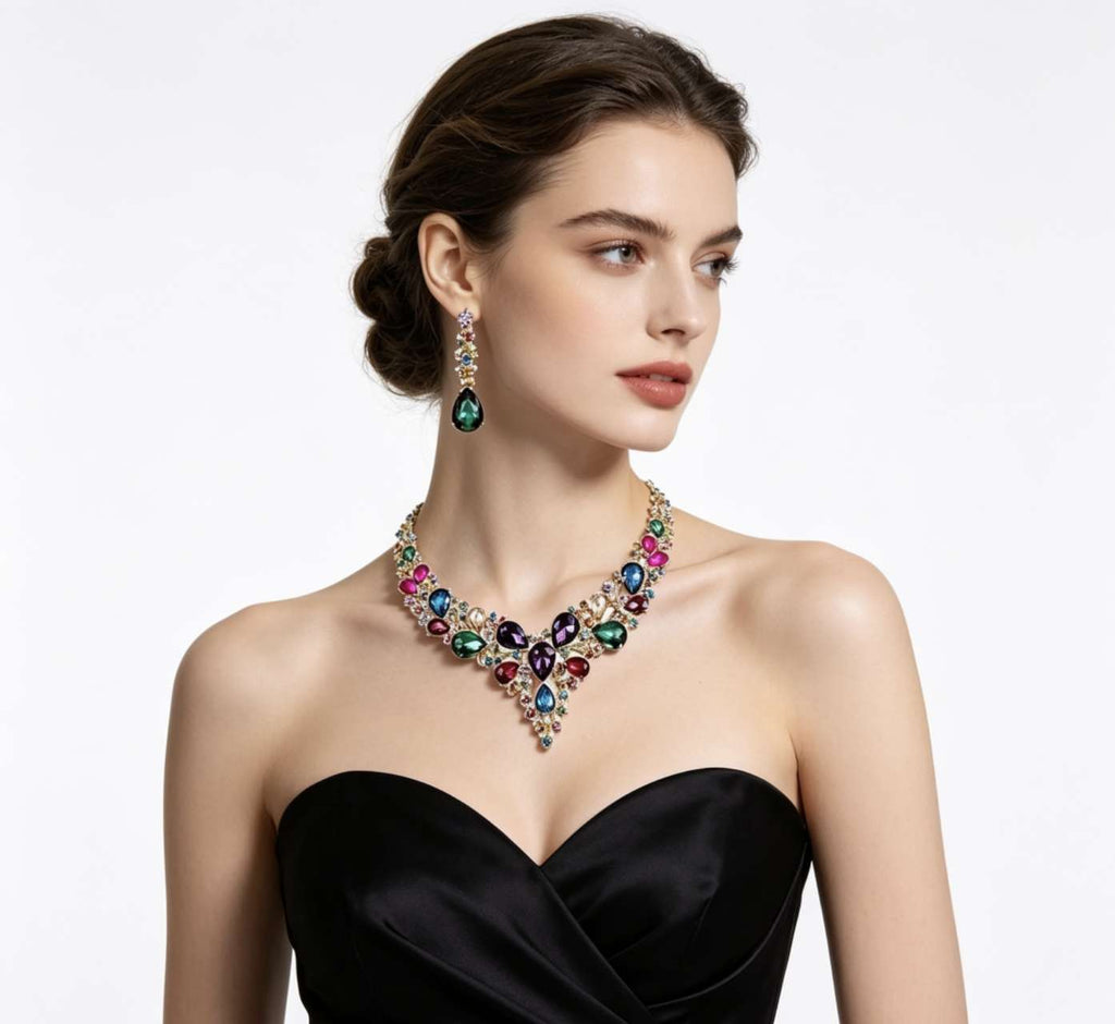 Parure Collier et Boucles d'Oreilles en Cristal, Chaîne Ajustable 50+5cm