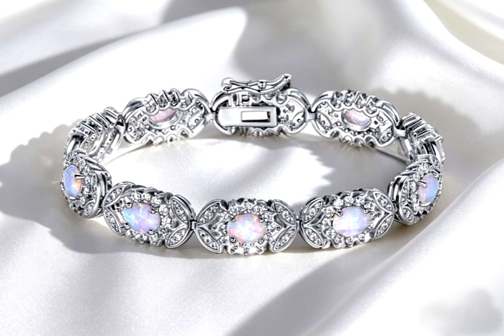 Pulsera de tenis de ópalo de plata de ley 925, pulsera de eslabones florales con halo de circonita cúbica
