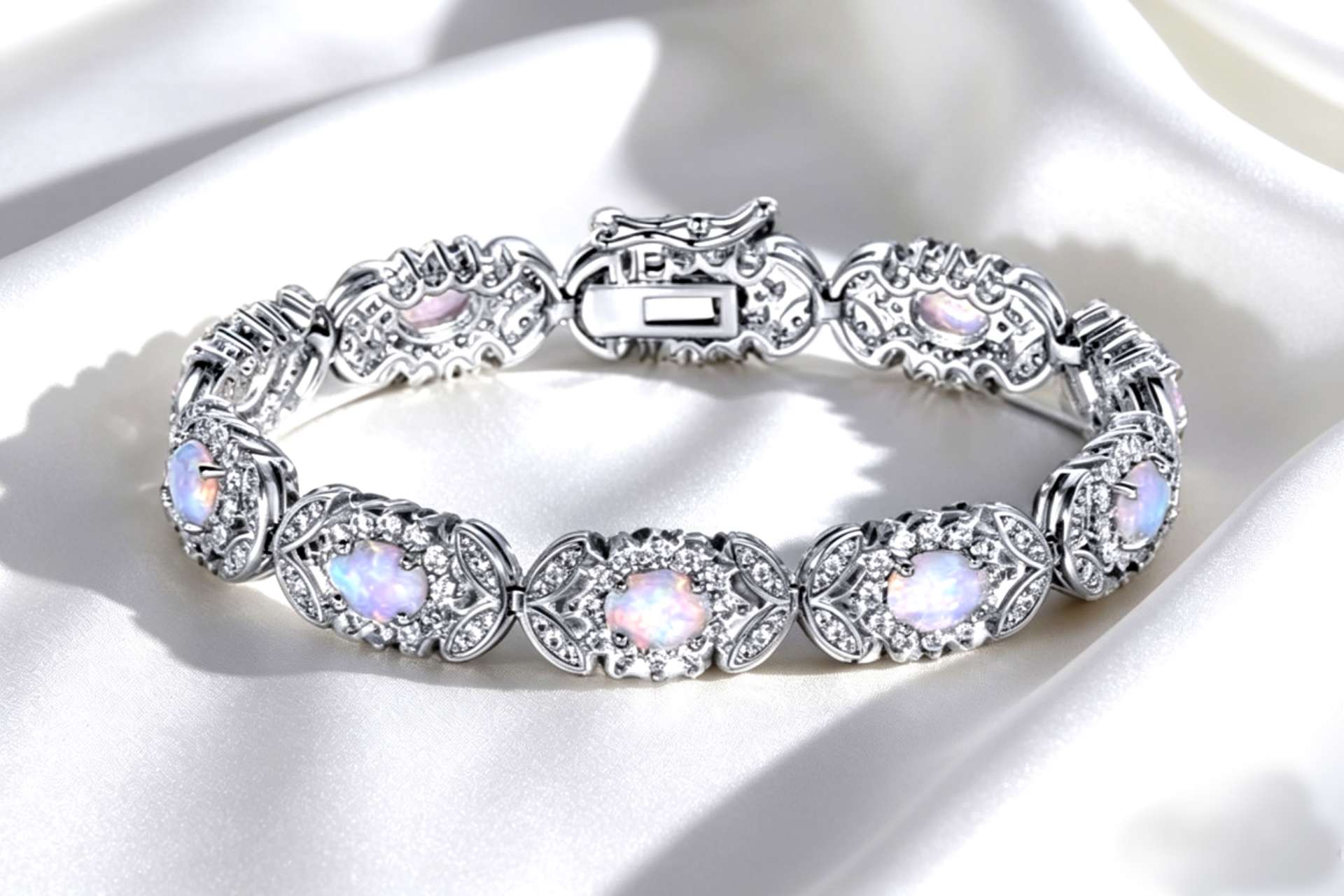 925 Sterling Silver Opal Tennis Bracelet, CZ Halo Floral Link Bracelet