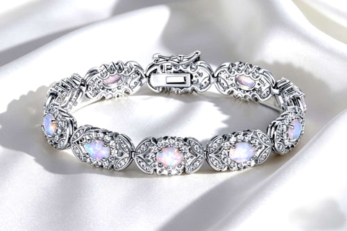 925 Sterling Silver Opal Tennis Bracelet, CZ Halo Floral Link Bracelet