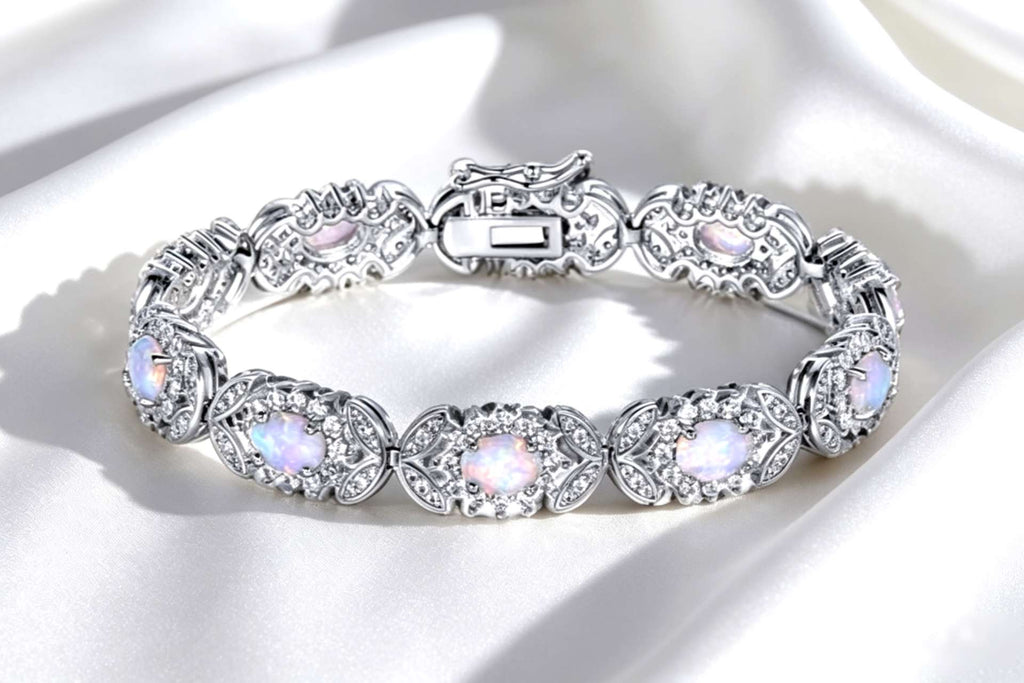 Pulsera de tenis de ópalo de plata de ley 925, pulsera de eslabones florales con halo de circonita cúbica