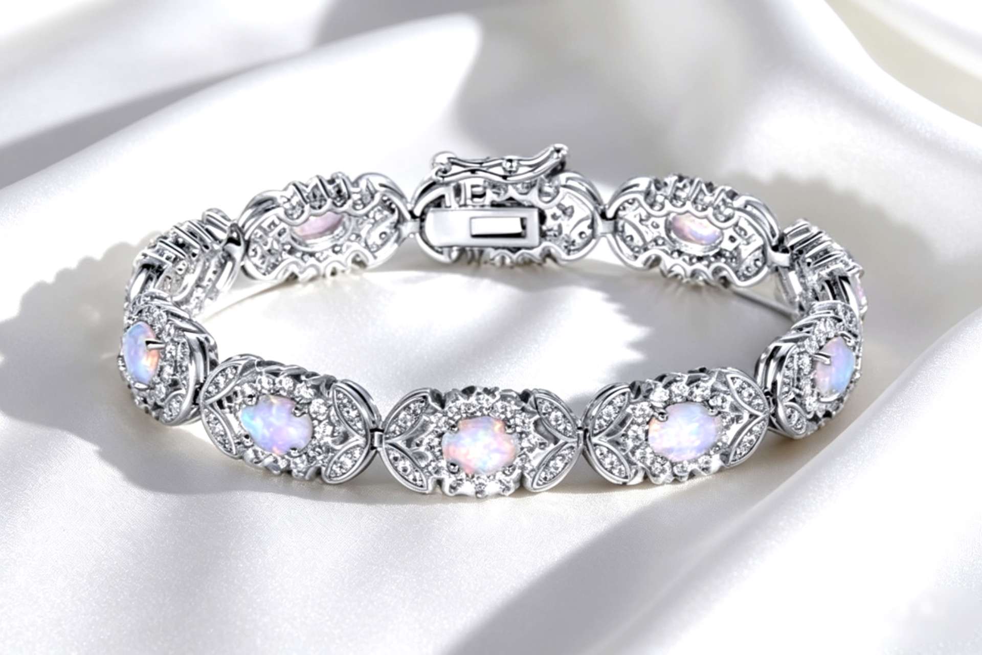 925 Sterling Silver Opal Tennis Bracelet, CZ Halo Floral Link Bracelet