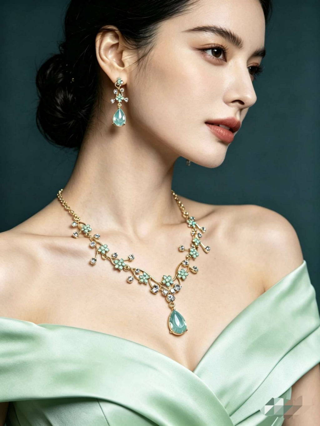 Floral Crystal Jewelry Set: Necklace & Drop Earrings