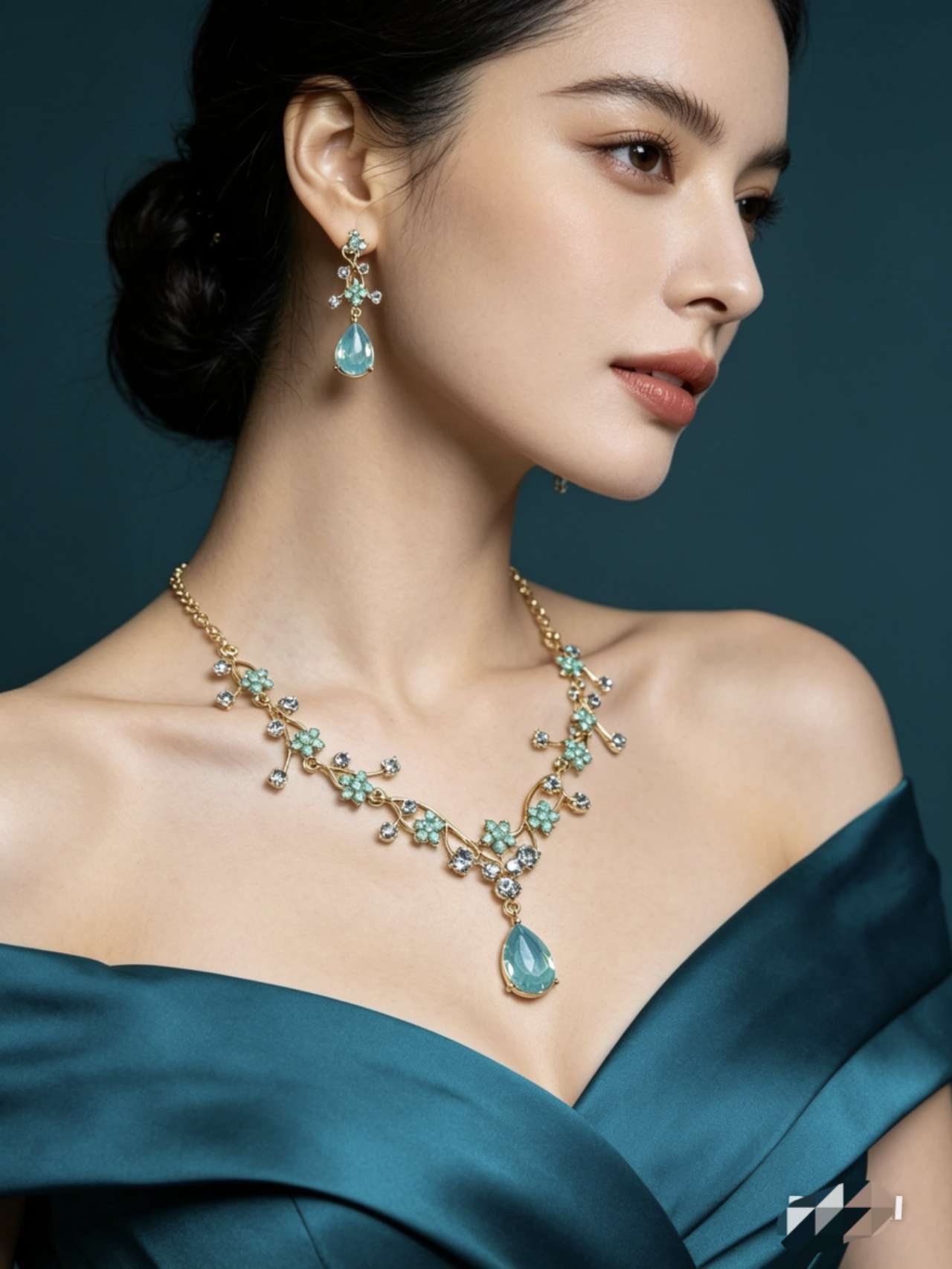 Floral Crystal Jewelry Set: Necklace & Drop Earrings