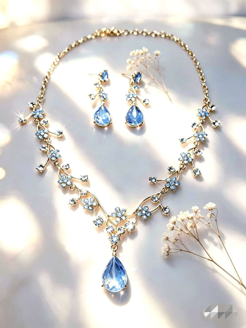 Floral Crystal Jewelry Set: Necklace & Drop Earrings