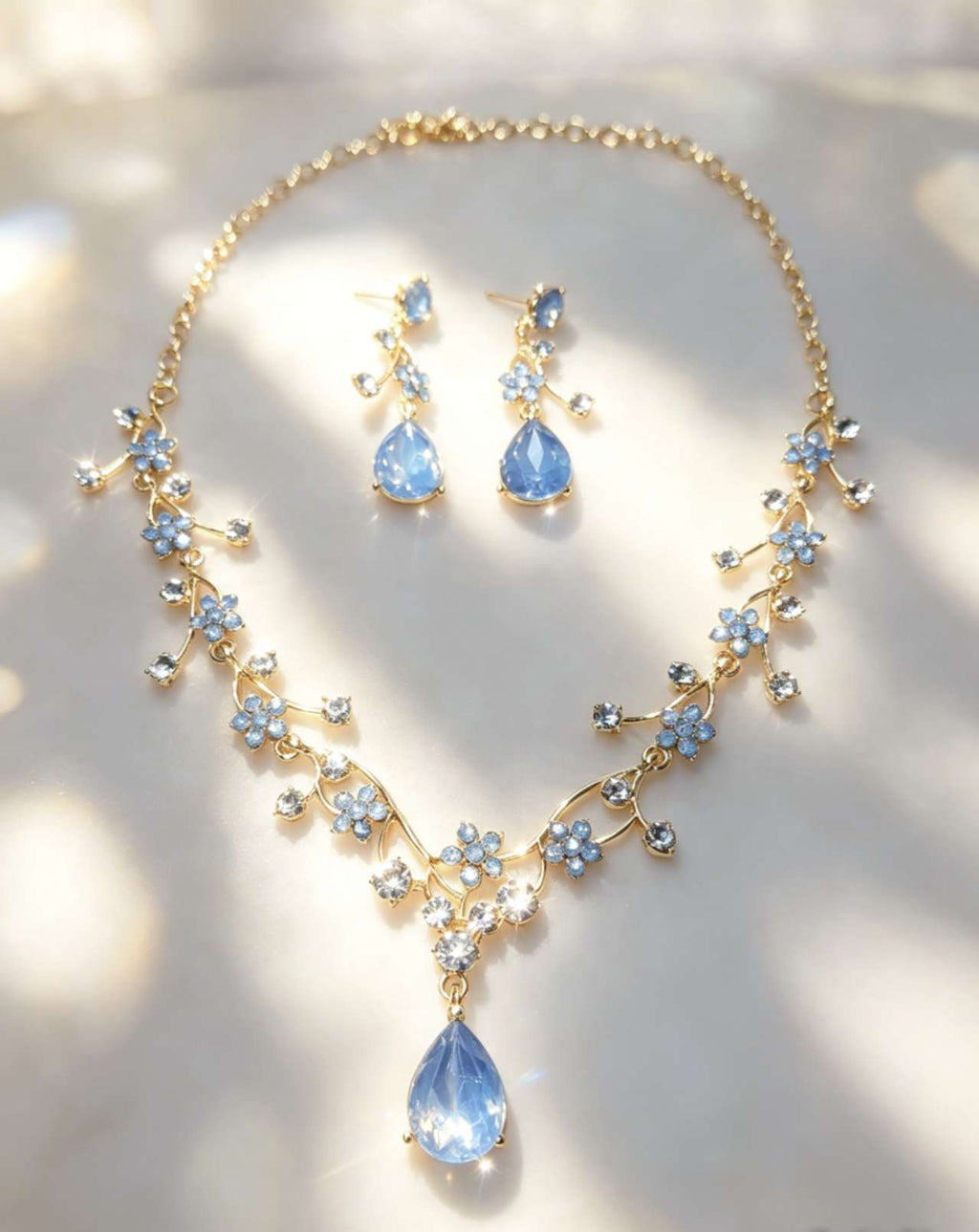 Floral Crystal Jewelry Set: Necklace & Drop Earrings