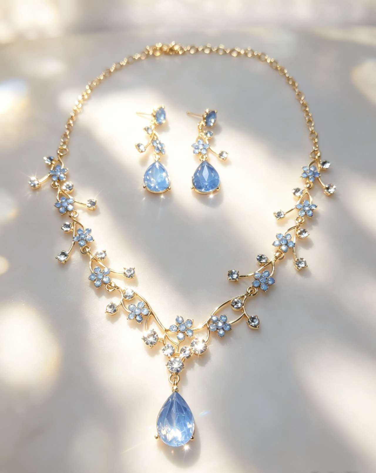 Floral Crystal Jewelry Set: Necklace & Drop Earrings